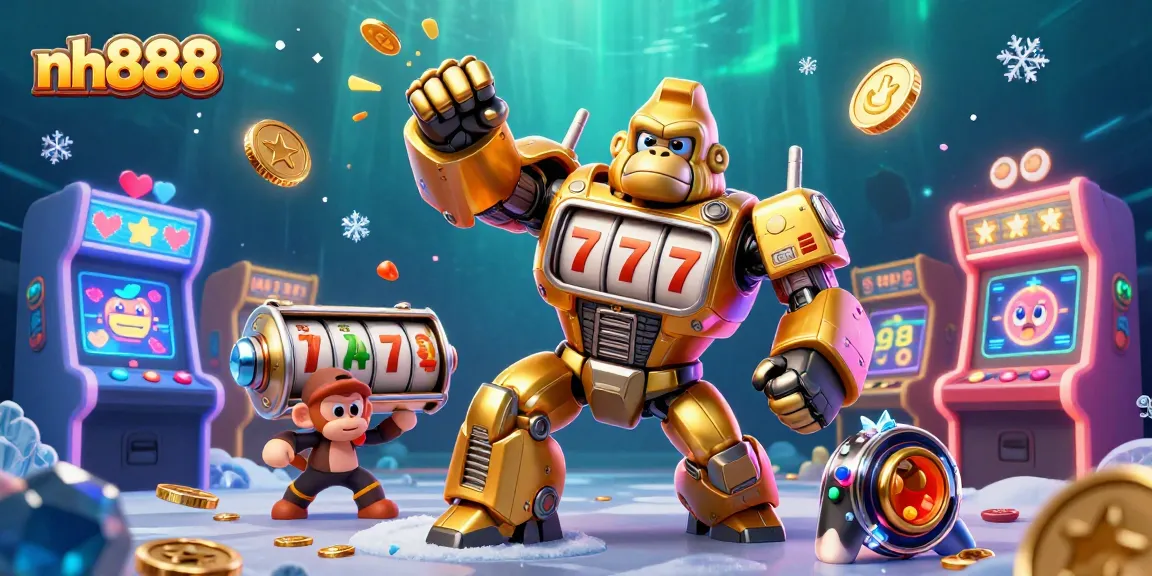 Join the excitement with nh888's vibrant gambling scene featuring a golden gorilla mech and slot elements.