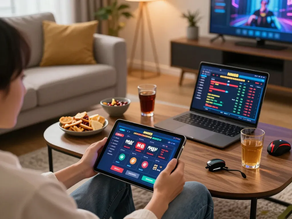 Player actively engaging with the MM88 casino app on a tablet during a cozy home gaming session.