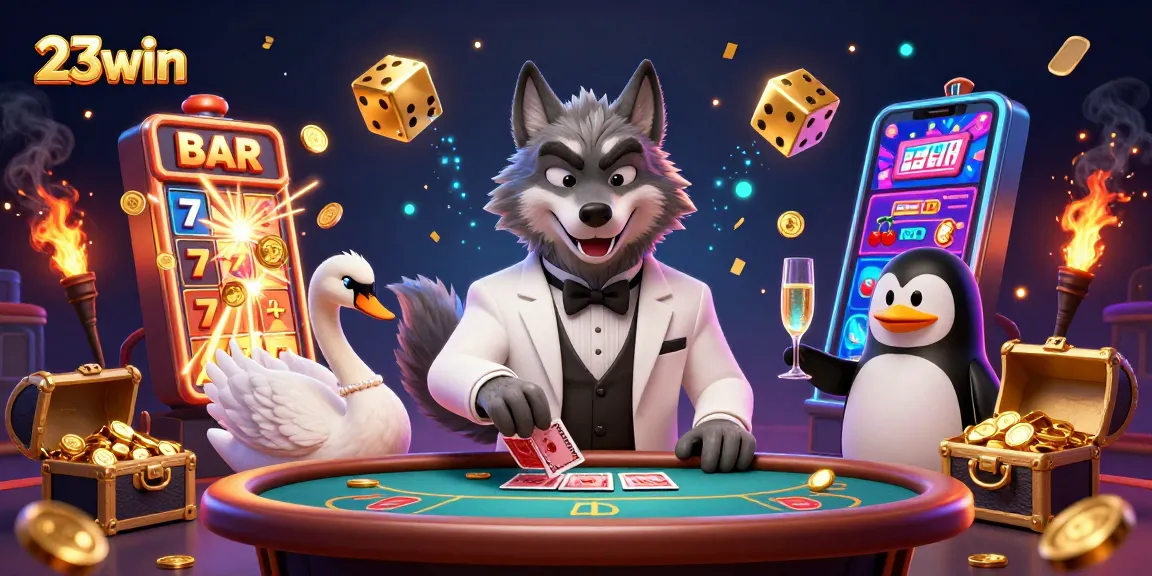 Experience thrilling gameplay at 23win with vibrant slot machines and animated casino characters.