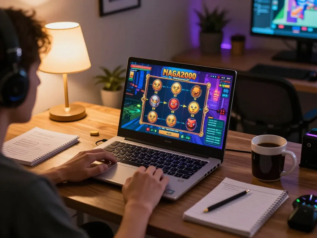 NAGA2000 player enjoying an engaging online slot game while planning strategy at home.