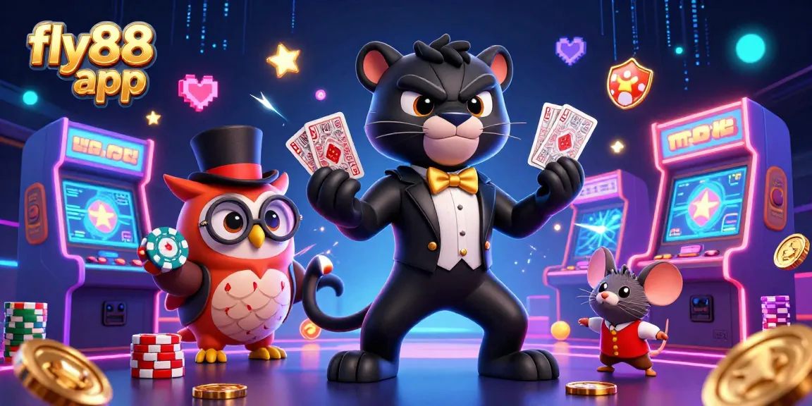 Engage with the fly88 app for an exciting gaming experience, featuring vibrant characters and casino-themed visuals.