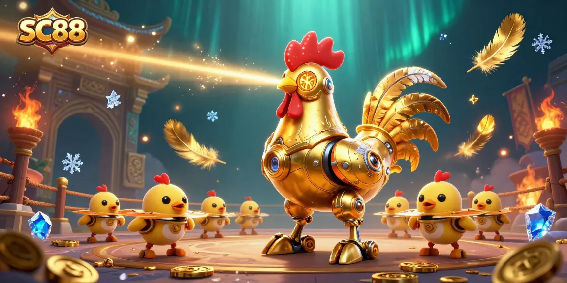 Engage in exciting games at SC88 with a dynamic 3D casino scene showcasing a golden rooster robot.