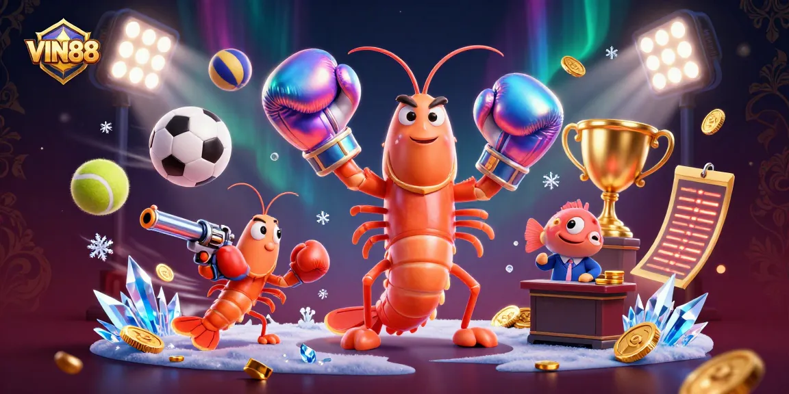 Experience the thrill of VIN88 with vibrant 3D shrimp fighting in a dynamic casino atmosphere.