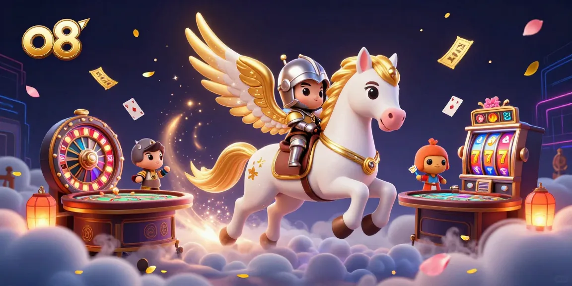 Experience the excitement of o8 as a celestial knight takes on thrilling casino games with vibrant visuals.