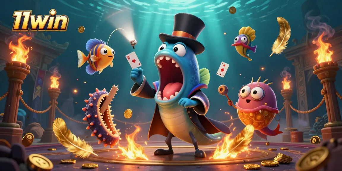 11win showcases a captivating 3D scene of a card wizardry act with undersea characters.