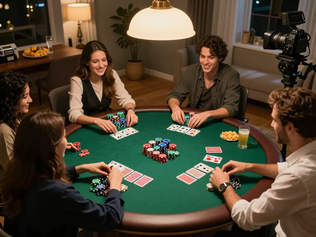 Social gathering at home with friends enjoying kèo nhà cái poker night, lively atmosphere, and strategic gameplay.