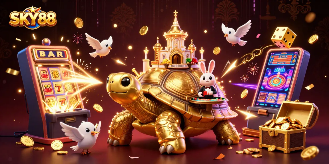 Sky88 showcases a vibrant casino atmosphere with a golden tortoise casino, a rabbit dealer, and flying coins.