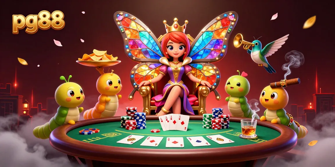 Experience thrilling gameplay at pg88 with a vibrant butterfly queen and poker elements.