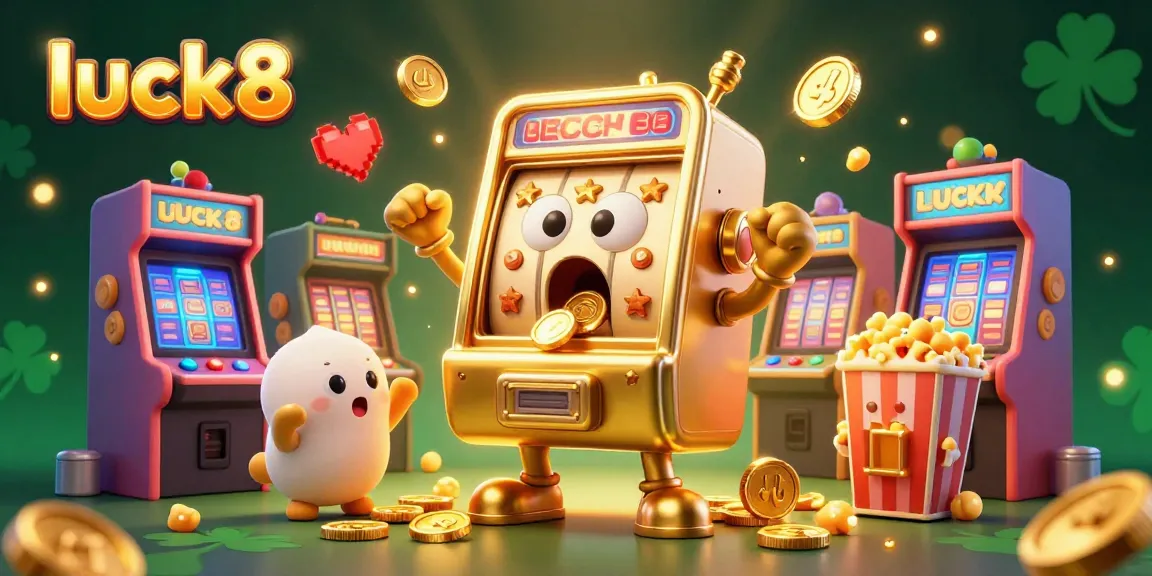 Experience luck8's gaming thrill as a golden slot machine wins the jackpot, surrounded by cheering slot friends.