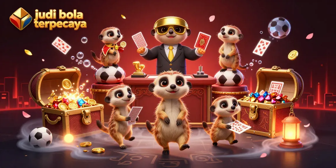 Engage with judi bola terpercaya featuring a lively scene of meerkats running a sports betting casino, showcasing betting slips and footballs.