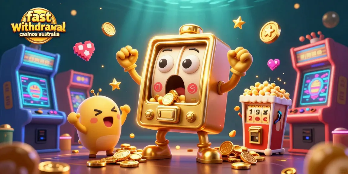Engage with fast withdrawal casinos Australia, featuring a playful golden slot machine and cheering companions in a vibrant 3D scene.