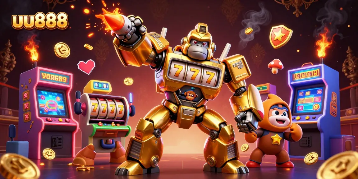 Experience the excitement of uu888 with a stunning 3D illustration of a golden gorilla mech and vibrant gaming elements.