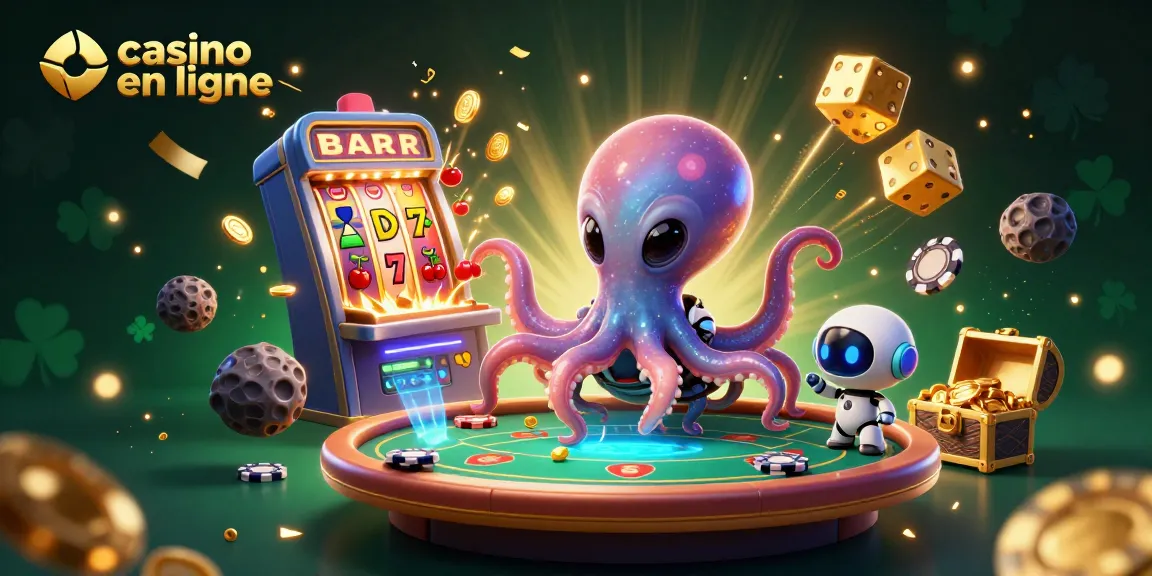 Jouer au casino en ligne avec un octopus extraterrestre et un robot, entourés de jeux.