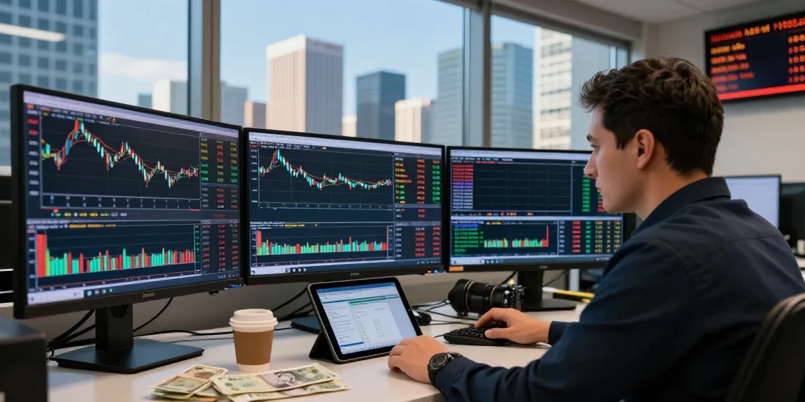 Trader analyzing forex market live prices on multiple screens in a modern financial district.