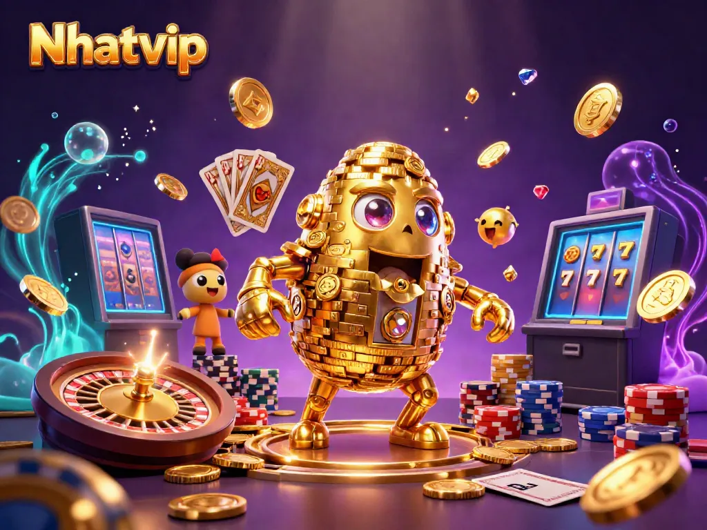 Nhatvip offers an exciting gaming experience with a golden golem amidst flying coins and vibrant poker elements.