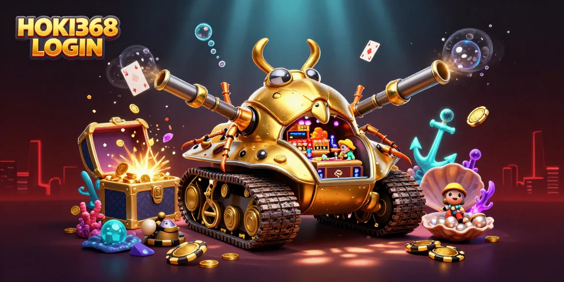 Join the fun at HOKI368 LOGIN with a vibrant 3D casino scene featuring a golden beetle tank and mini casino!