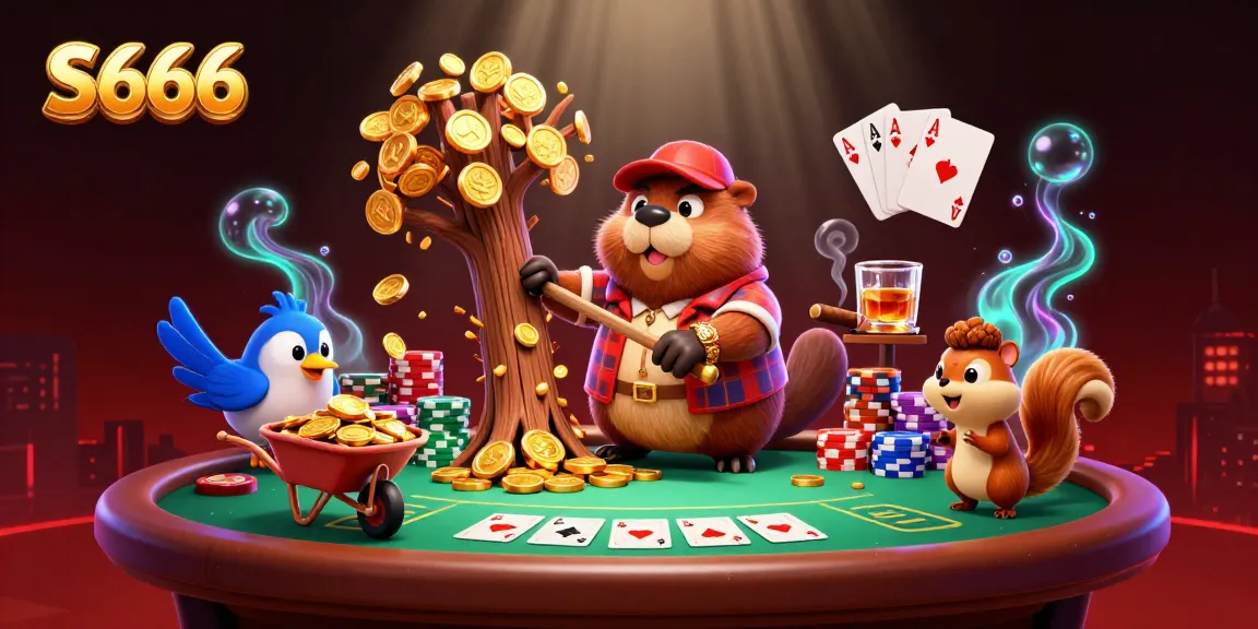S666 animates excitement in a 3D beaver's casino adventure, showcasing poker elements and vibrant gold.