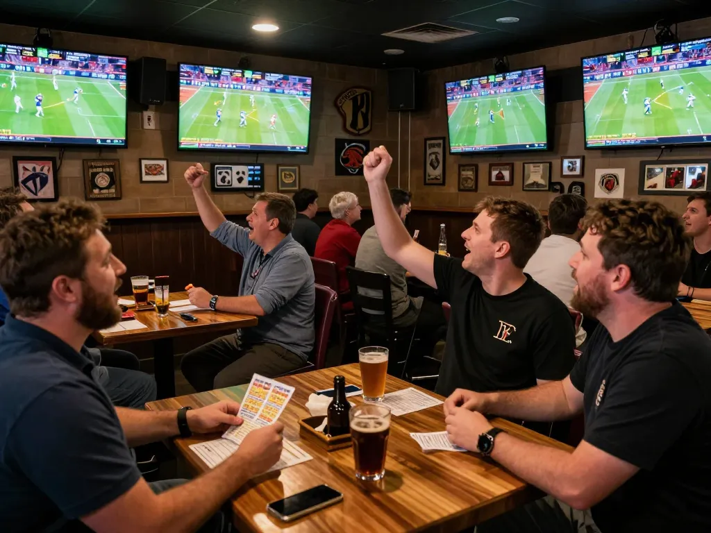 Excited fans engaging in live sports betting at a vibrant bar while following Nhận Định Kèo Oddy strategies