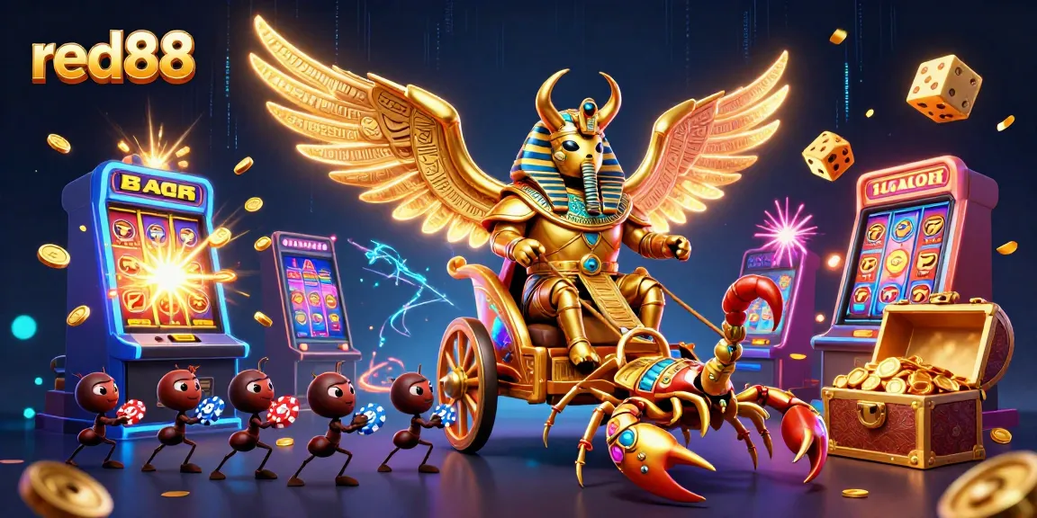 red88 casino scene with colossal beetle, vibrant slots, and dynamic gameplay elements