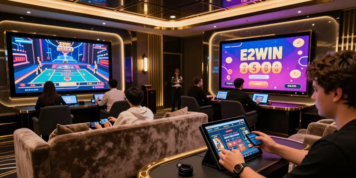 Giao diện website E2WIN với người chơi tham gia cá cược trực tuyến, không gian sang trọng và hiện đại.