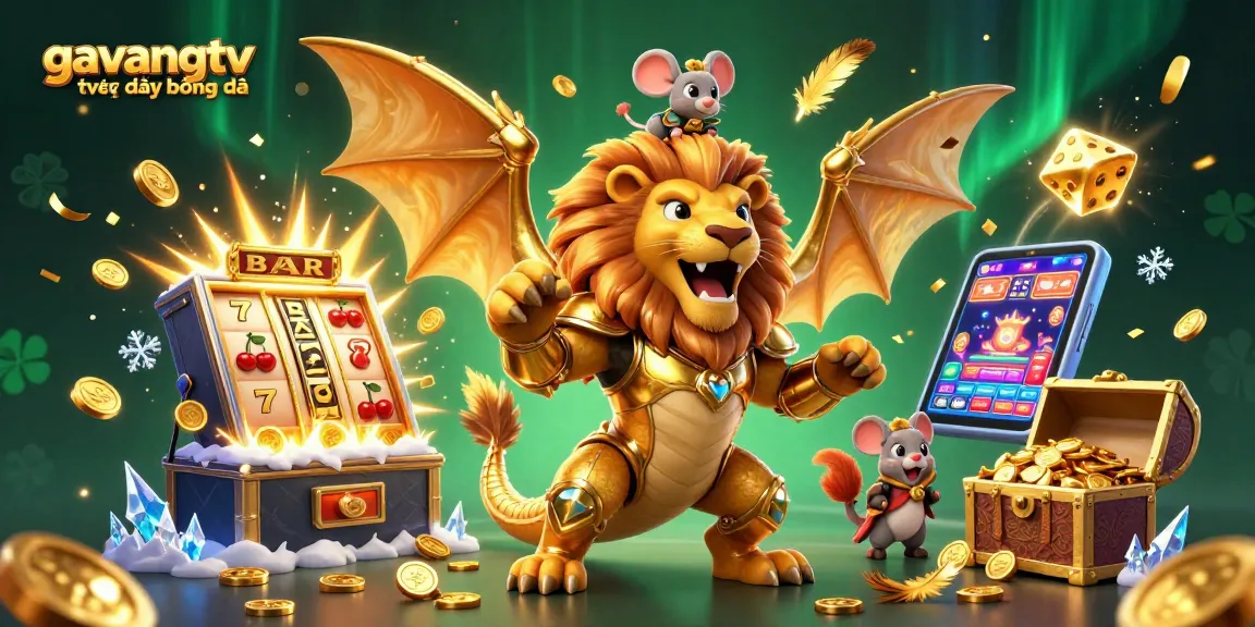 Experience the thrills of gavangtv trực tiếp bóng đá while witnessing a lion-headed chimera in a dynamic casino scene.