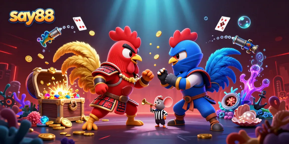 SAY88 showcases thrilling twin rooster fighters in an exciting betting scene with dynamic casino elements.