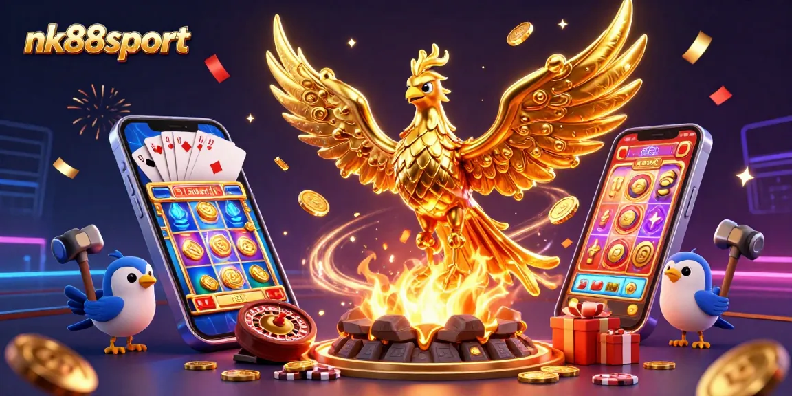 Experience thrilling wins at nk88sport with a scene of a golden phoenix, coins, and colorful gaming elements.