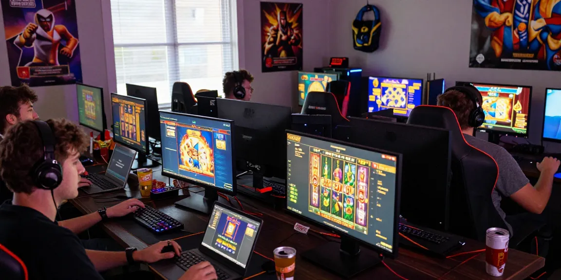 Players enjoying HWGSLOT online games in vibrant gaming room with exciting visuals and snacks.