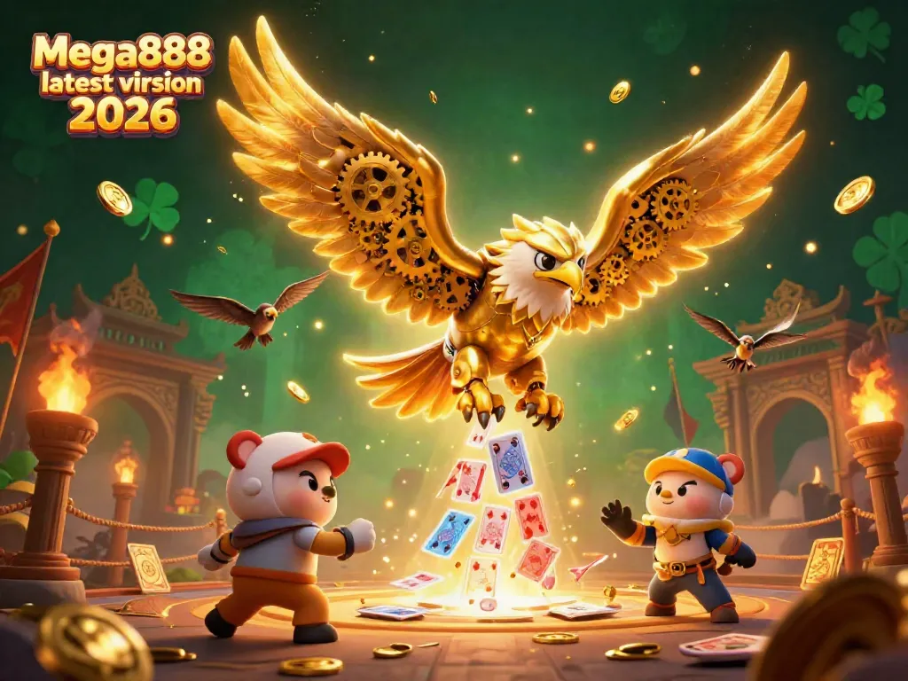 Engaging scene showcasing Mega888 latest version 2026 with cybernetic eagle, holographic cards, and casino themes.