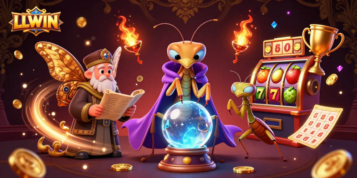 LLWIN captures the excitement of slot games with a colorful 3D scene featuring slot machines and mystical characters.