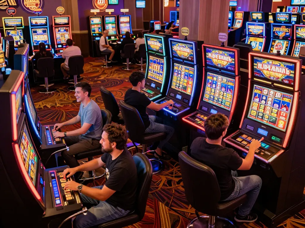 Players excitedly engaging with GG88 slot Link machines, showcasing vibrant lights and casino atmosphere.