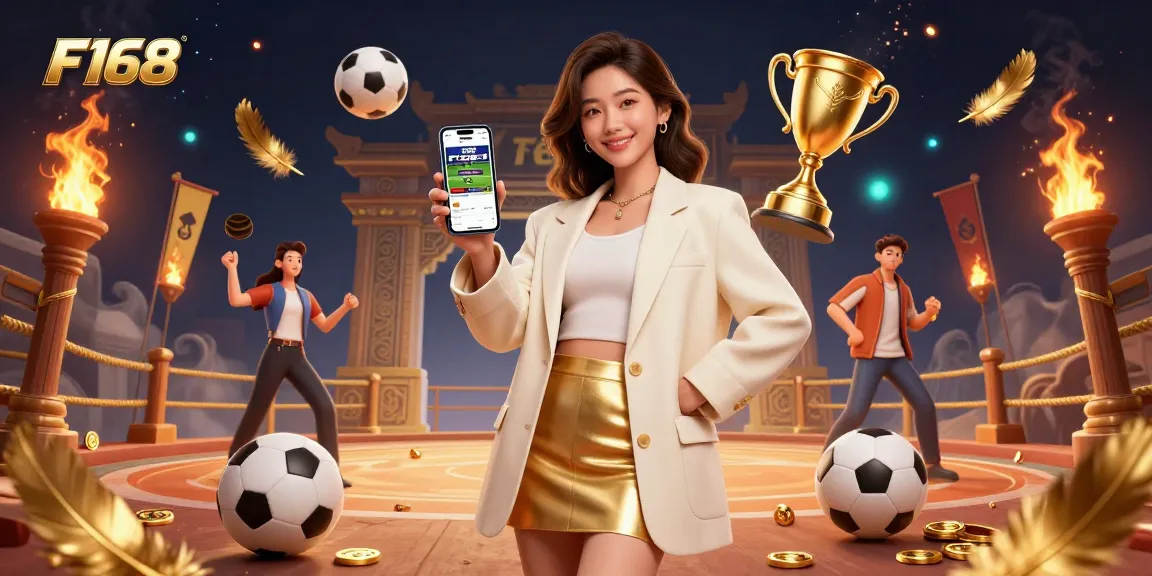 Experience thrilling betting excitement at F168 with an Asian woman showcasing a sports app amid dynamic casino elements.