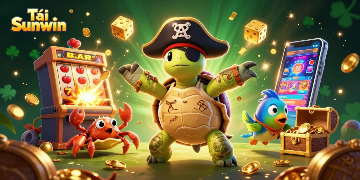 Tải Sunwin with exciting slot machine and dynamic treasure scene including turtle, crab, and parrotfish