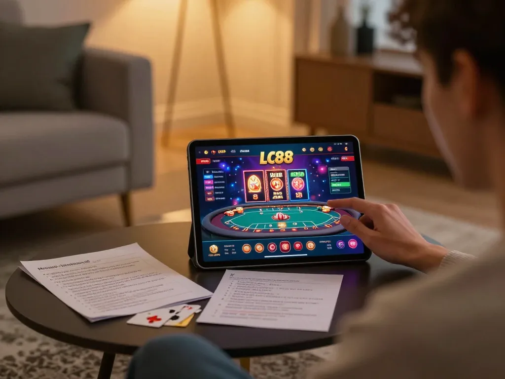 Engaging with LC88's online casino interface on tablet in a cozy living room
