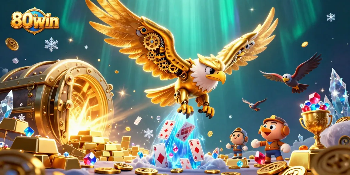 Experience thrilling gameplay at 80win with a vibrant illustration featuring a cybernetic eagle amidst dazzling casino elements.