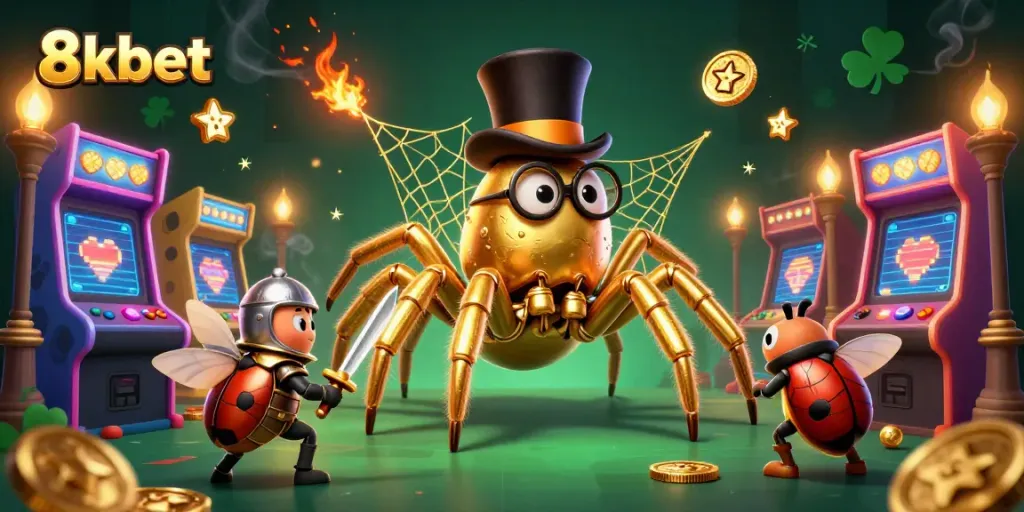 Join the excitement with 8xbet's unique golden tarantula and knight in this vibrant casino scene.