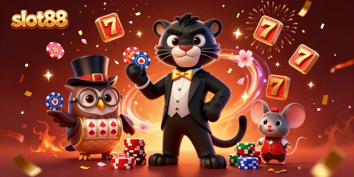 Menggandakan kesenangan dengan slot88, panther 3D stylish dan teman-temannya, menghias suasana kasino dengan slot simbol dan confetti.
