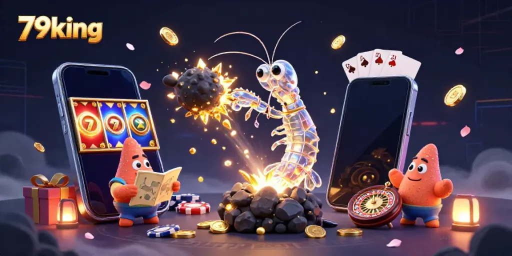 Experience the thrilling action of 79king as a galactic samurai mantis shrimp battles through asteroids with a vibrant casino backdrop.