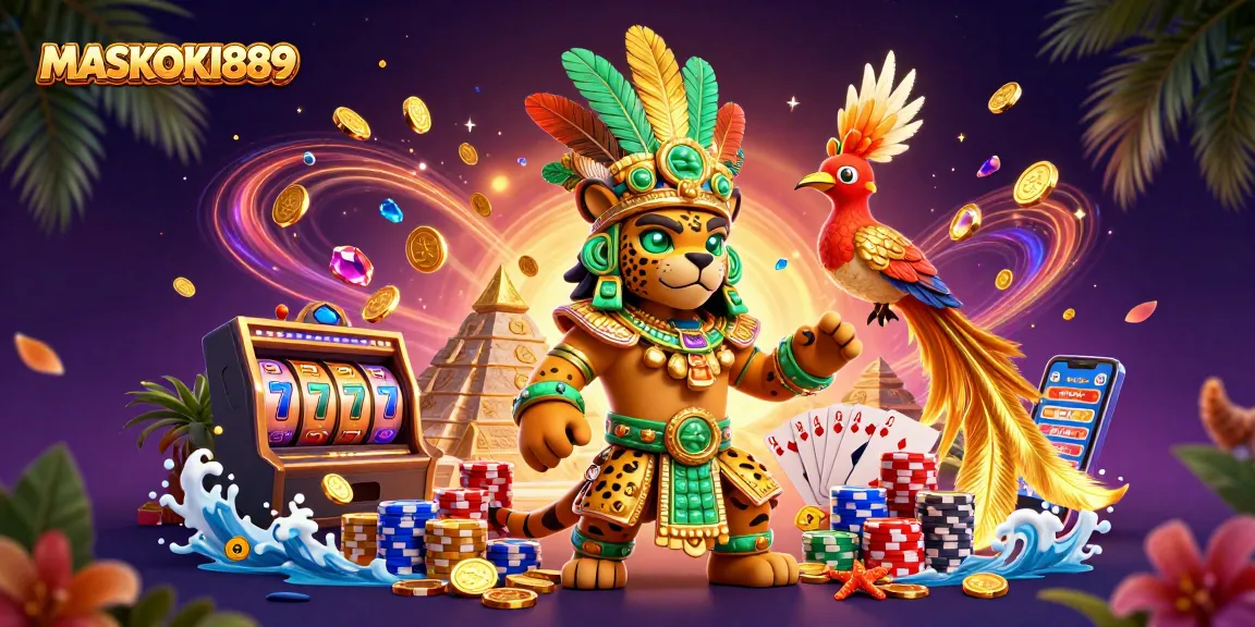 Experience winning excitement with MASKOKI889 in this vibrant casino illustration featuring slot machines.