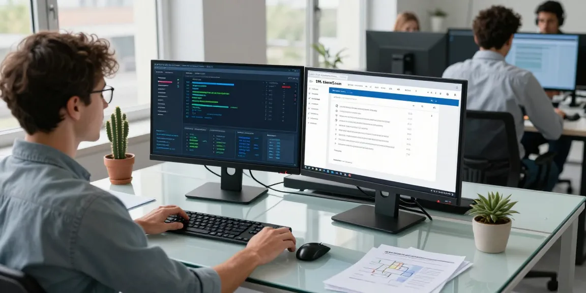 Cybersecurity expert analyzing risks on shs-dome5.com with dual monitors in a modern office.
