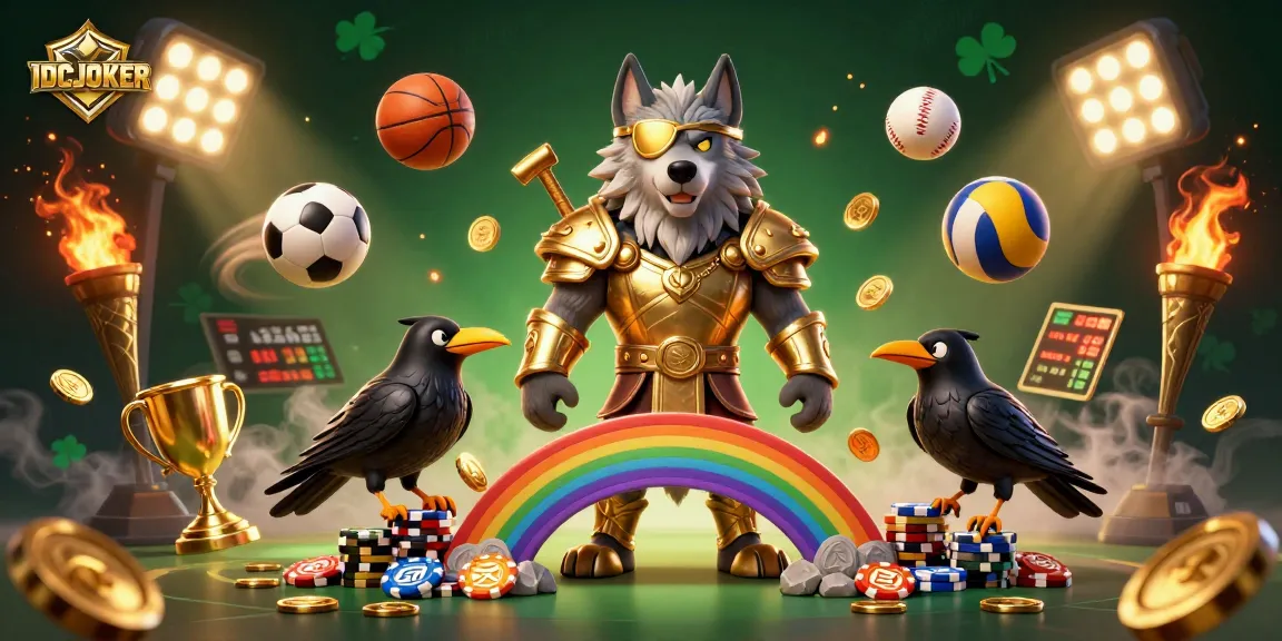 IDCJOKER showcases a vibrant 3D sports betting scene with Odin and ravens, dynamic elements enhancing excitement.