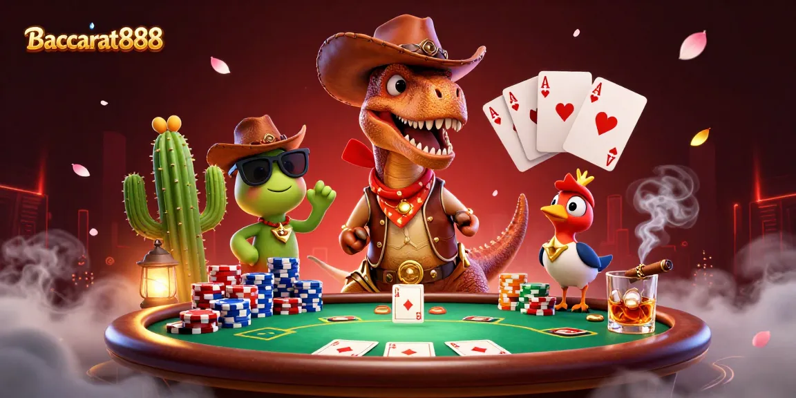 Experience Baccarat888's vibrant action with colorful poker elements and whimsical characters in a rich casino scene.