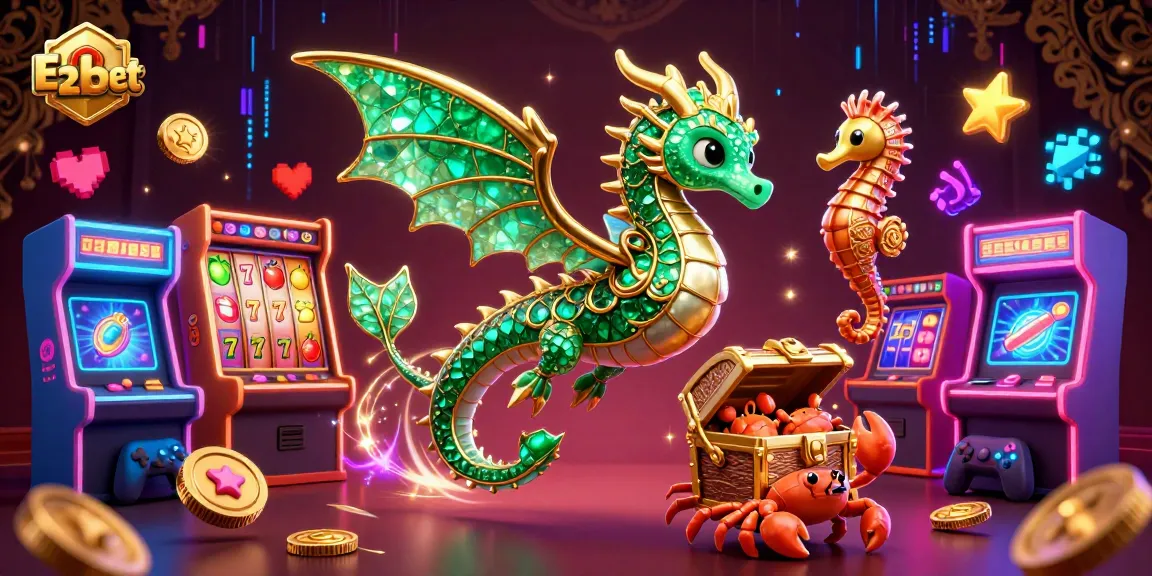 Experience thrilling slots and casino action with E2bet's vibrant 3D digital illustration featuring colorful game elements.