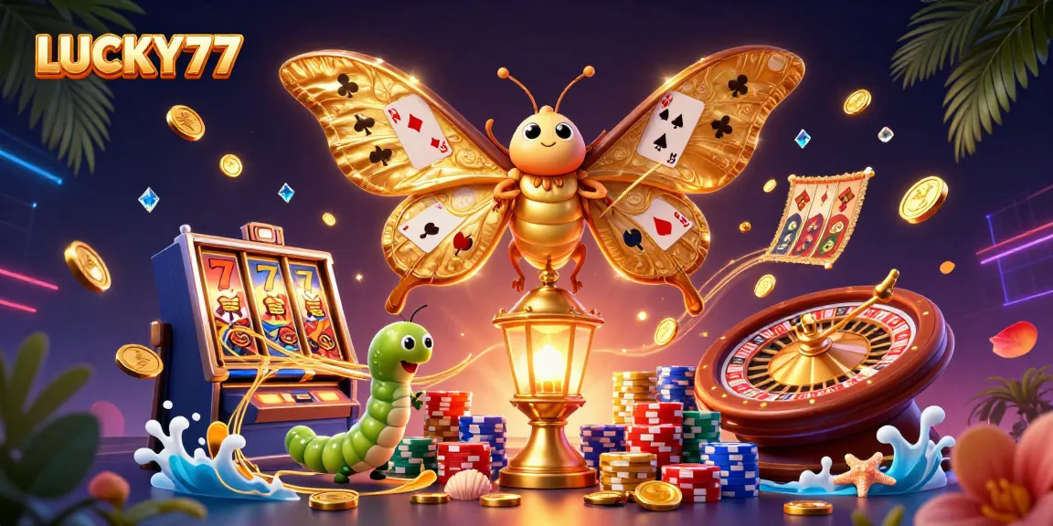 LUCKY77 celebrates casino success with vibrant moth, pots of gold, and spinning slots.