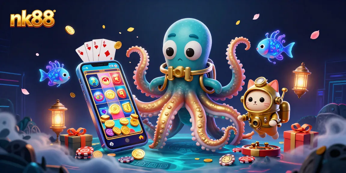 Engage with nk88's thrilling casino adventure featuring kraken, diving cat, and slot game elements.