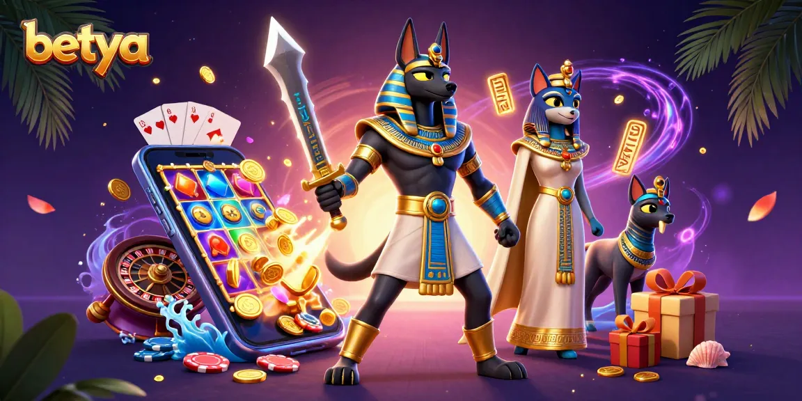 Engage with betya's vibrant casino scene featuring Anubis amidst dynamic gaming elements.