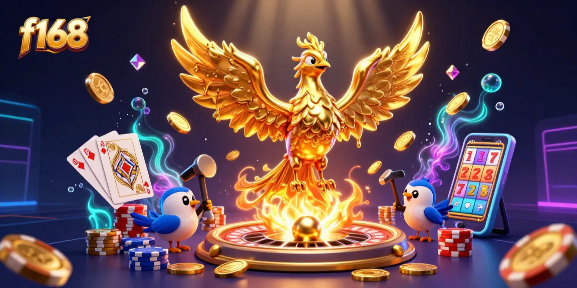 Experience thrilling f168 gaming with a molten golden phoenix and vibrant casino elements.