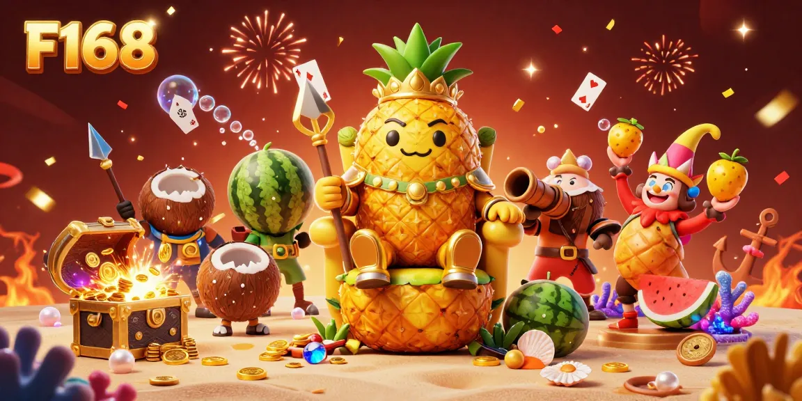 Experience F168's vibrant online casino world through this immersive 3D illustration featuring playful characters and dynamic game elements.