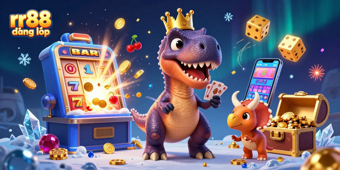 Experience exciting gameplay with rr88 đăng nhập, featuring friendly cartoon dinosaurs in a dynamic casino scene.
