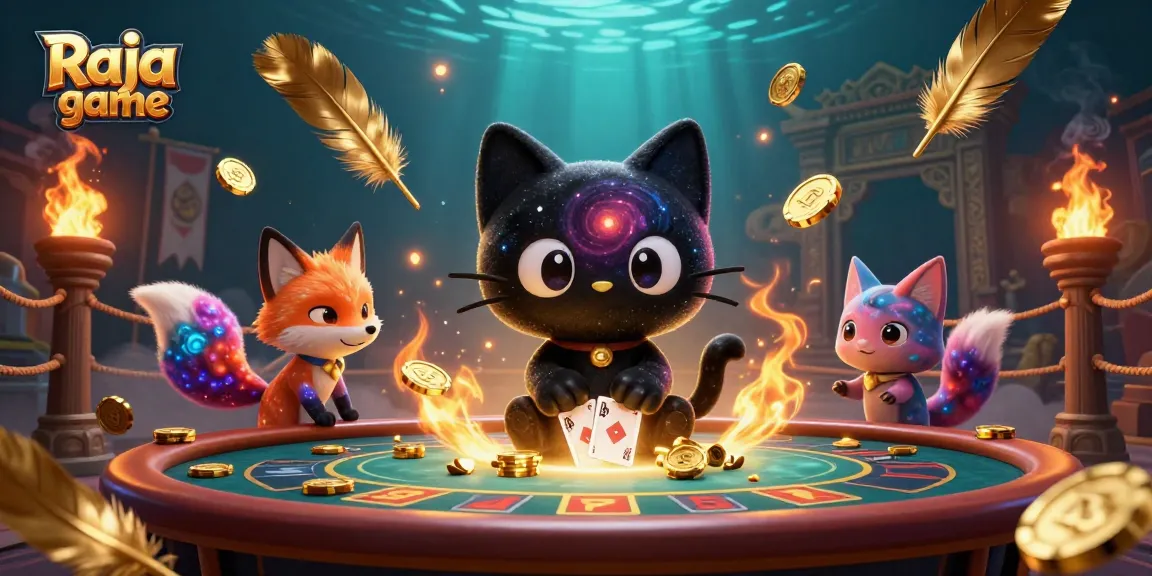 Engage with Raja game at a vibrant cosmic casino with a black hole cat and nebula fox.